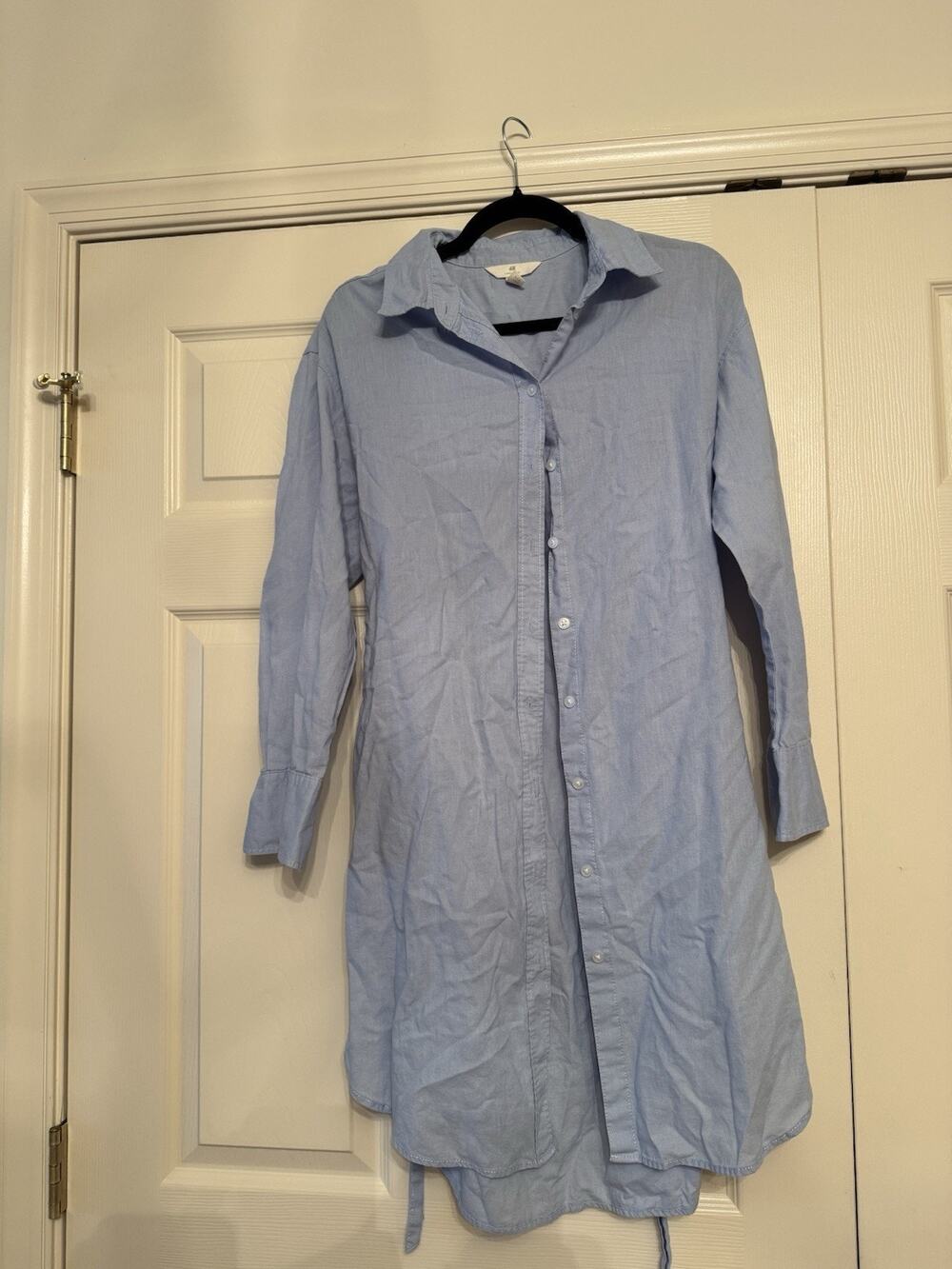 H&M Light Blue Linen Blend Long Sleeve Button Down Shirt Dress - Size S